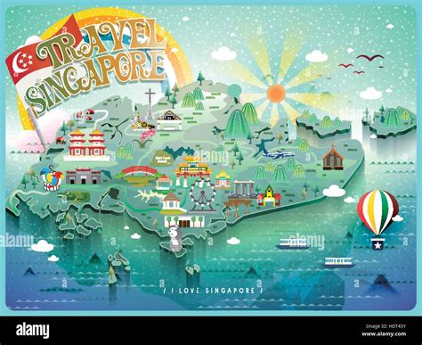 Singapore Map Singapore Map With Colorful Landmarks Illustration Images