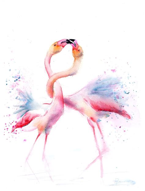 Flamingo Painting Original Watercolor Art Two Pink Tropical Bird Wall