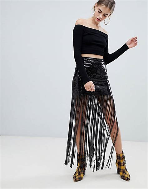 Bershka Sequin Fringe Midi Skirt Asos