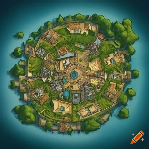 Map Of Circular Fantasy Town On A Hill Surrounded By Walls And A Forest
