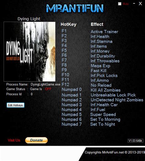 The following v1.23.0 (+20 trainer) hog dying light: Dying Light Trainer +19 v1.17.0 MrAntiFun GAME TRAINER download pc cheat codes
