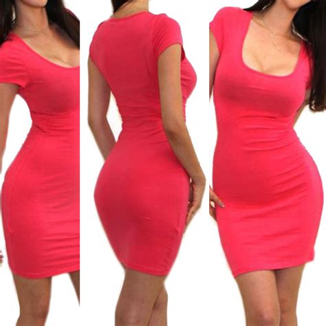 Slim Womens Short Sleevepencil Skirt Stretch Skinny Tight Mini Dress Long Tops Ebay