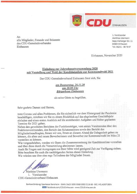 Einladung Zur Jahreshauptversammlung Cdu Gemeindeverband Einhausen
