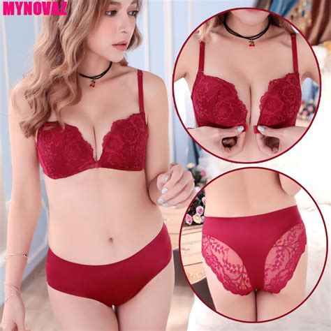 Mynovaz Womens Sexy Underwear Gather Front Buckle Sexy Lace Bras Set Beautiful Back 5 Color