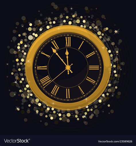 Golden New Year Clock On A Magic Glowing Vector Image