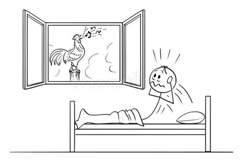 Vector Cartoon Illustration Of Tired Man In Bed Woken By Rooster