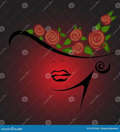 Feminine Silhouette In A Hat With Red Roses Stock Vector Illustration
