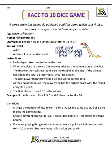 Free printable math dice games math dice games: Addition Math Games 2nd Grade
