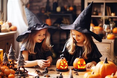 premium ai image little witches celebrate halloween at home