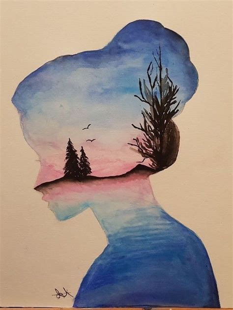 Nature Inside A Womans Head Watercolour Painting How To Draw Step By