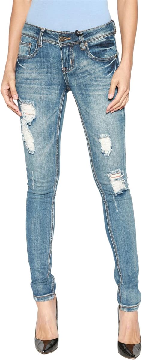 Themogan Women S Distressed Ripped Destroyed Torned Dark Blue Wash Skinny Jeans Amazon Com Mx