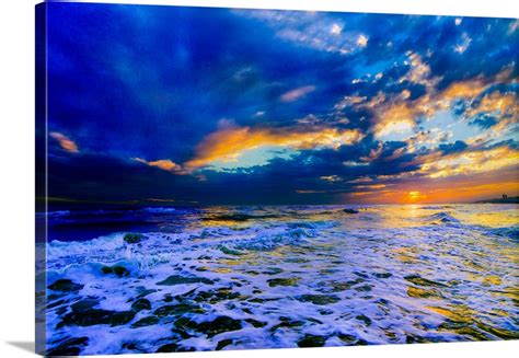Blue Beach Sunset Dark And Stormy Sea Wall Art Canvas Prints Framed