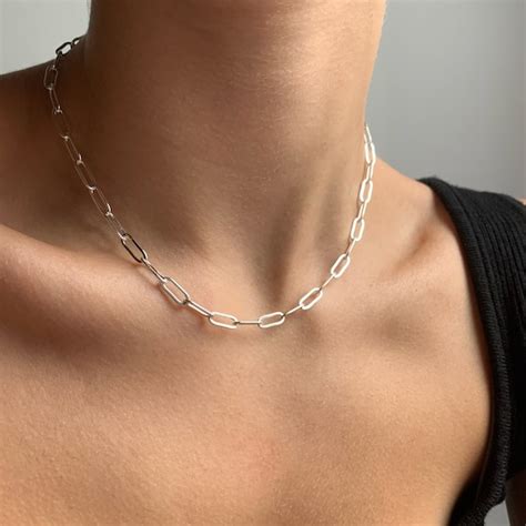 Sterling Silver Paperclip Chain Necklace Silver Rectangle Etsy