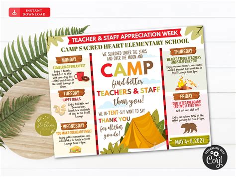 Editable Camp Themed Teacher Appreciation Week Itinerary Etsy