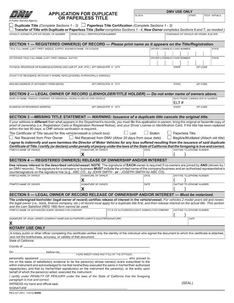 Ca Dmv Form Reg 227 Application For Duplicate Or Paperless Title