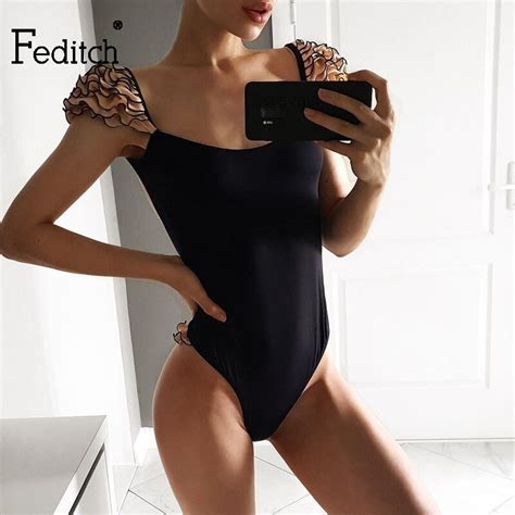 Feditch Ruffle Women Backless Summer Bodysuits Solid Sleeveless Beach Wear Suits Sexy Romper