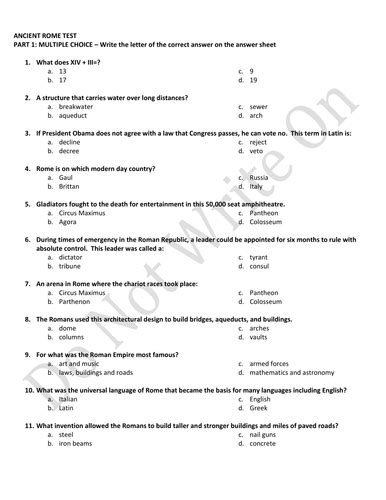 It is done in a multiple choice format for scantron. Ancient Rome Unit Assessment & Answer Key by ...