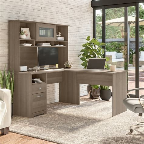 Cabot 60w L Shaped Computer Desk With Hutch In Ash Gray Engineered Wood