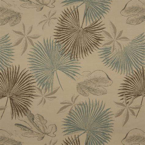 Aqua And Beige Large Tropical Fern And Palm Leaf Pattern Woven