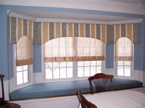 Continuous Flat Valance Along Large Bay Window With Sheer Roman Shades