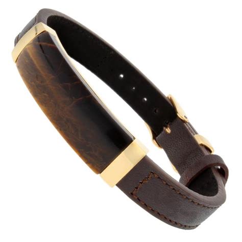 Men S Tiger Eye Brown Leather Bracelet Yellow Plated Stainless Steel