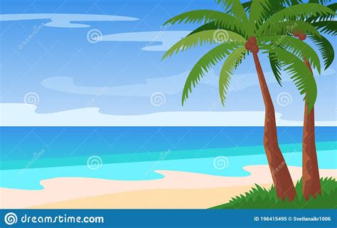Paisaje De Dibujos Animados De Isla Vac A Hermosa Playa Con Vistas Al Mar Palmeras Sol
