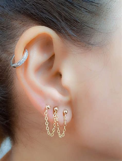 Chain Earring Double Triple Four Piercing Earring Set Stud 14k Gold