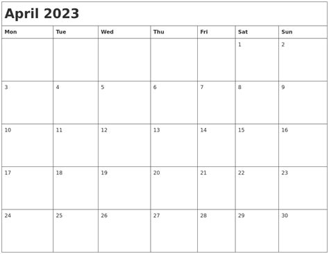 April 2023 Month Calendar
