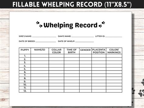 Dog Whelping Record Fillable Puppy Whelping Chart Dog Breeder Forms
