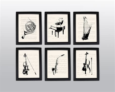 Instrument Wall Art Set Of 6 Sheet Music Background Vintage Etsy