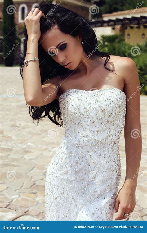 Sensual Woman With Dark Hair In Luxurious Sequin Dress Stock Photo Image Of Beach Body