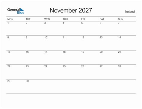 Printable November 2027 Monthly Calendar With Holidays For Ireland