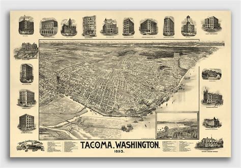 Tacoma Wa 1893 Historic Panoramic Town Map 16x24 Art Gingfood Art Posters