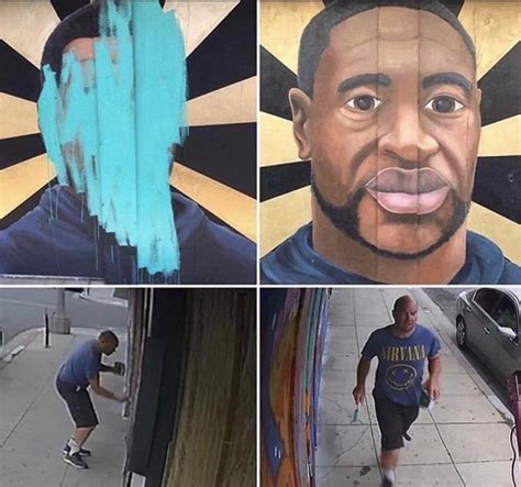Black spray paint was used to deface the sculpture and cover text on the pedestal. Man in Long Beach, CA defaced mural of George Floyd. : iamatotalpieceofshit