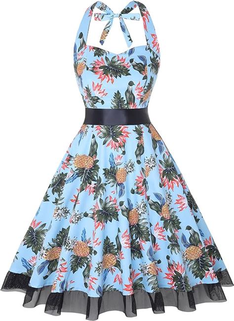 Oten Womens Vintage Polka Dot Halter Dress 1950s Floral Spring Retro Rockabilly