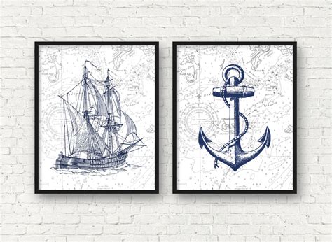 vintage ship art nautical art anchor art print nautical