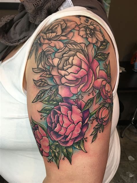 Black And Grey To Color Half Sleeve Flower Peonies Tattoo Flower