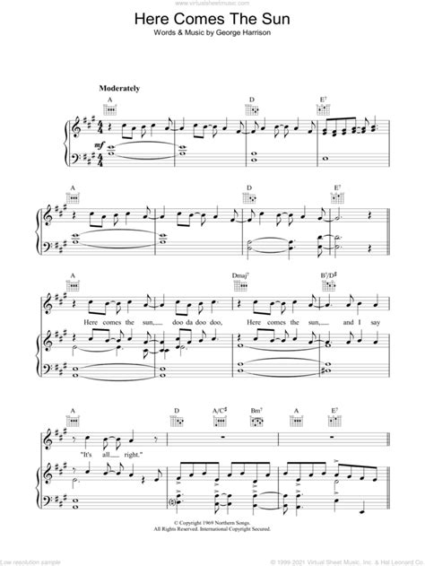 Here Comes The Sun Sheet Music For Voice Piano Or Guitar V2