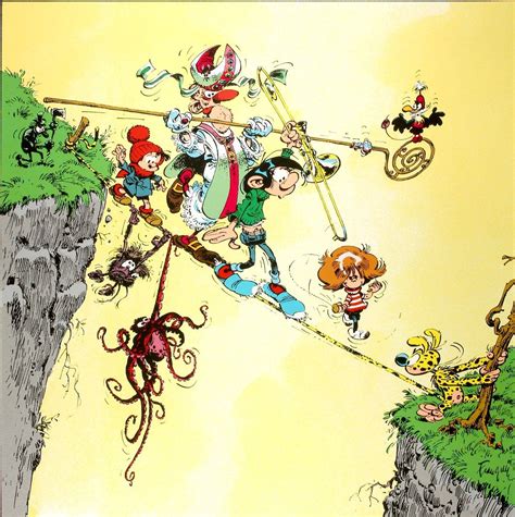 An Image Of Cartoon Characters Flying Over The Top Of A Cliff On A
