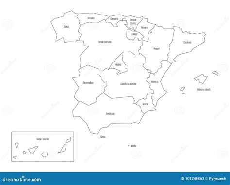 Mapa Da Espanha Dividido às 17 Comunidades Autônomas Administrativas Ilustração Do Vetor