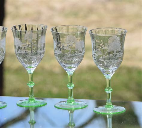 Vintage Green Stem Etched Wine Glasses Set Of 6 Green Vaseline Uranium Glass Wine Glasses