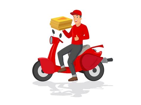 Divertido Repartidor De Pizzas Montando Moto Roja Vector Premium