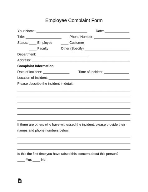 printable employee complaint form template free printable templates