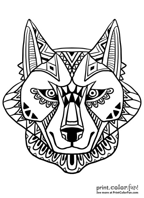 Abstract Wolf Face Design Coloring Page Print Color Fun