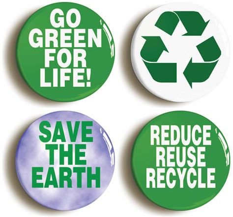 Set Of Four Environmental Green Badges Buttons Pins Save