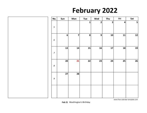 Printable February 2022 Calendar Box And Lines For Notes Free