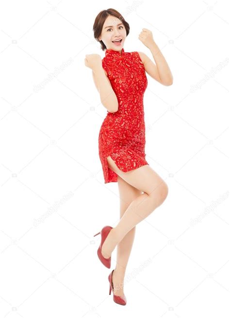 Happy Asian Young Woman With Cheongsam Making A Victory Pose Stock