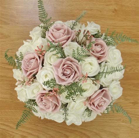 Light Pink Rose And Fern Brides Bouquet Artificial Wedding Flowers