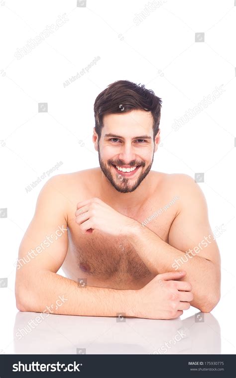 Halfnaked Beautiful Man Smiling Sitting On Stock Photo