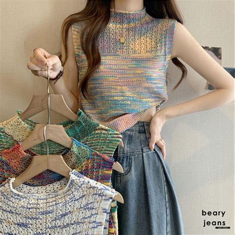 Jual Bearyjeans Colorful Slim Knit Sweater Vest Neck Crop Rajut Wanita